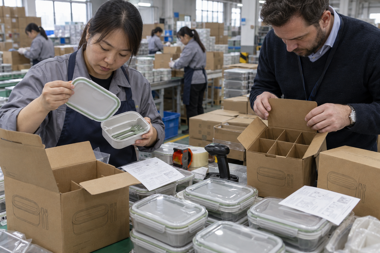 Quality inspector and overseas buyer checking lunch box seals, accessories and retail packaging