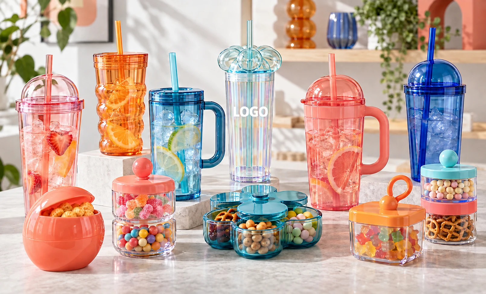 Distinctive reusable plastic drinkware with a custom logo example and snack and candy containers