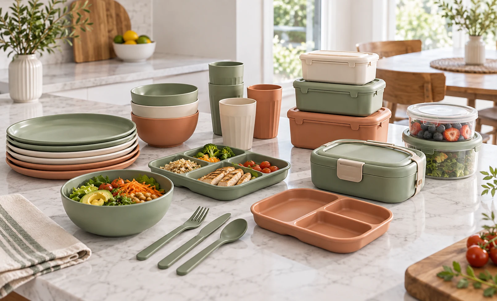 Coordinated reusable kitchen and dining tableware set
