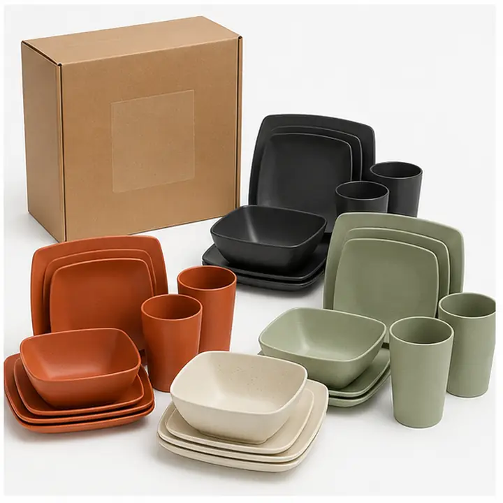 16-Piece Square Wheat Straw Dinnerware Set private label color options for OEM ODM customization