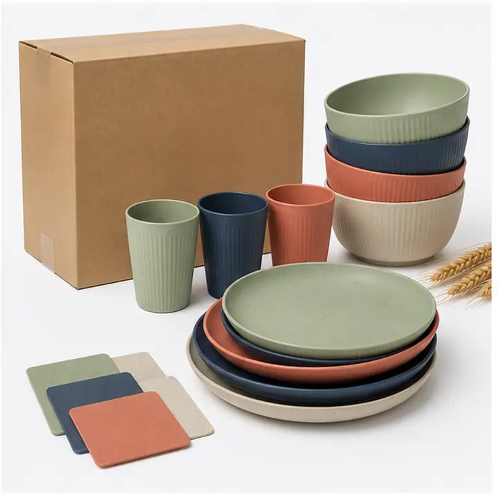 18-Piece Wheat Straw Dinnerware Set private label color options for OEM ODM customization