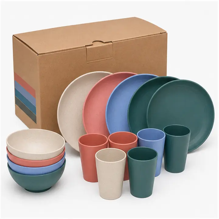 32-Piece Round Wheat Straw Dinnerware Set private label color options for OEM ODM customization