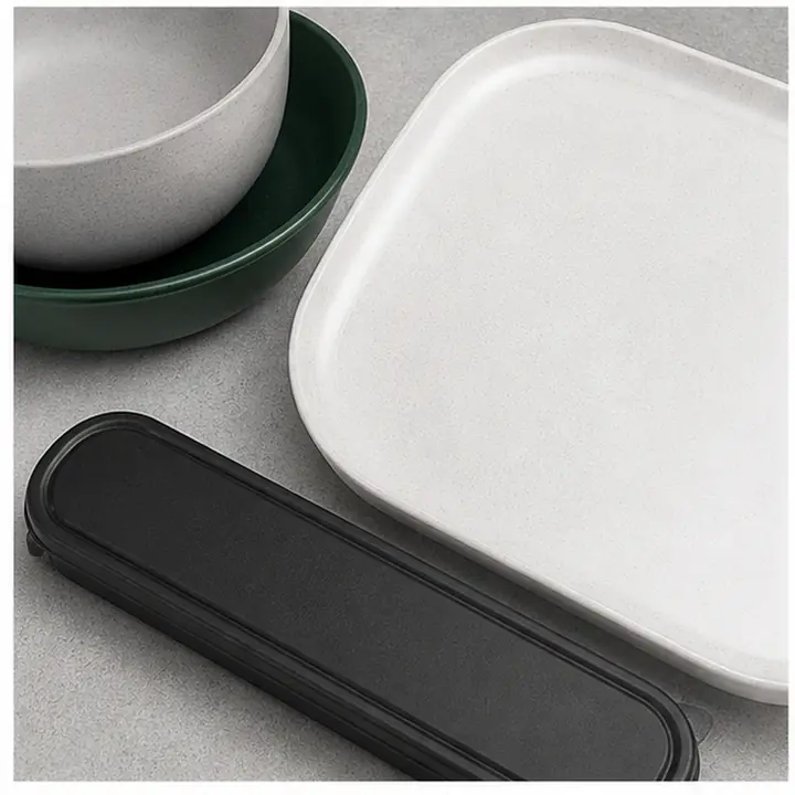 32-Piece Wheat Straw Camping Dinnerware custom material and logo detail for OEM ODM customization