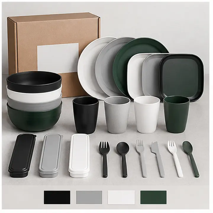 32-Piece Wheat Straw Camping Dinnerware private label color options for OEM ODM customization