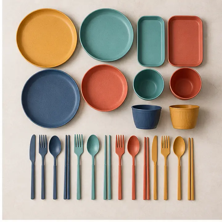 36-Piece Wheat Straw Tableware Set OEM packaging presentation for OEM ODM customization