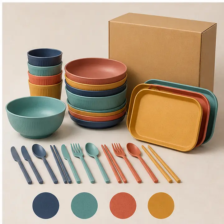 36-Piece Wheat Straw Tableware Set private label color options for OEM ODM customization
