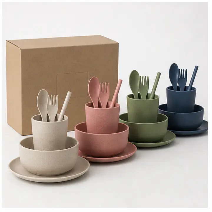 6-Piece Wheat Straw Camping Set private label color options for OEM ODM customization