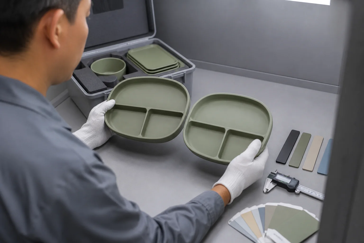 Quality engineer compares a new tableware sample with an approved master sample and controlled color swatches