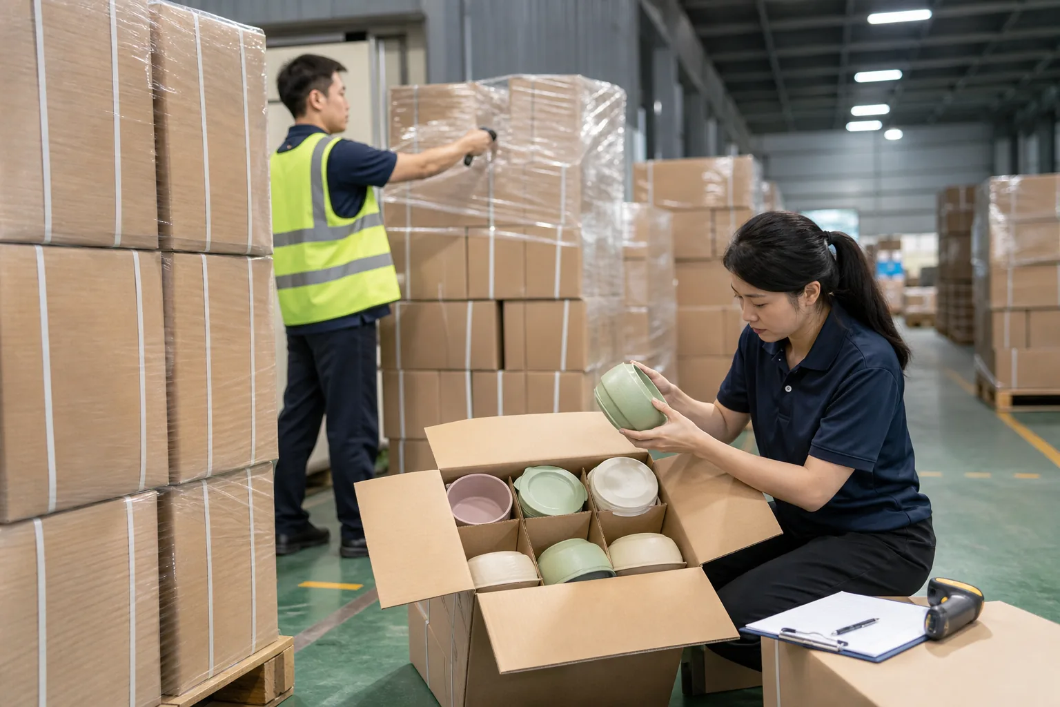 Inspector selecting tableware cartons across a finished goods lot for randomized AQL sampling