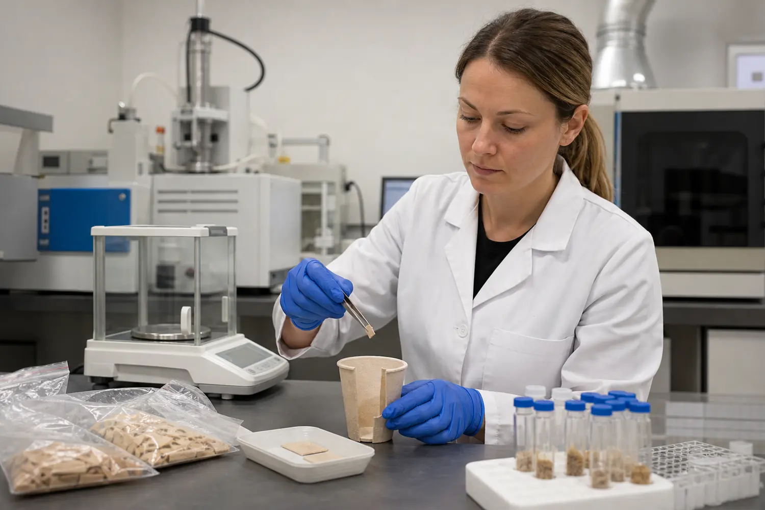 Independent laboratory analyst preparing wheat straw composite tableware specimens for radiocarbon-based biobased carbon analysis