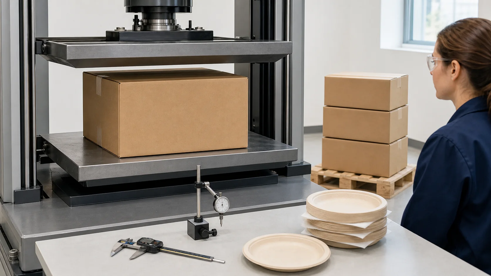 Instrumented tableware carton compression test with a pallet stack reference and deformation measurement