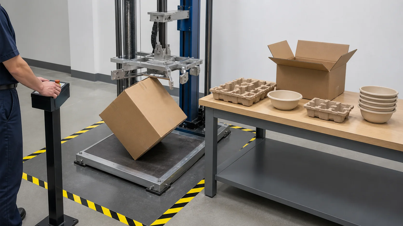 Tableware shipping carton positioned for a controlled corner drop test with packaged products nearby