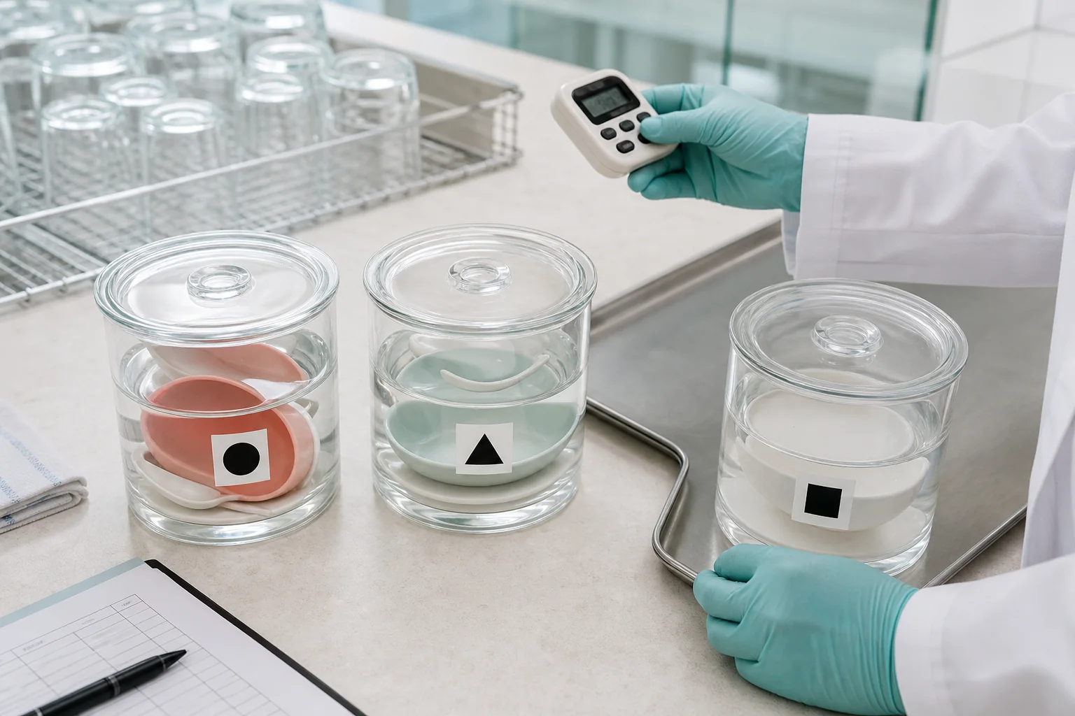 Coded tableware samples conditioned in covered glass vessels for a controlled sensory comparison