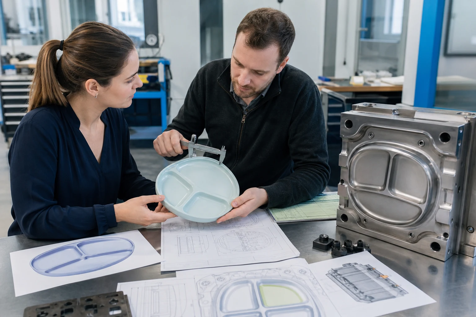 Engineers review custom tableware geometry mold split and prototype measurements