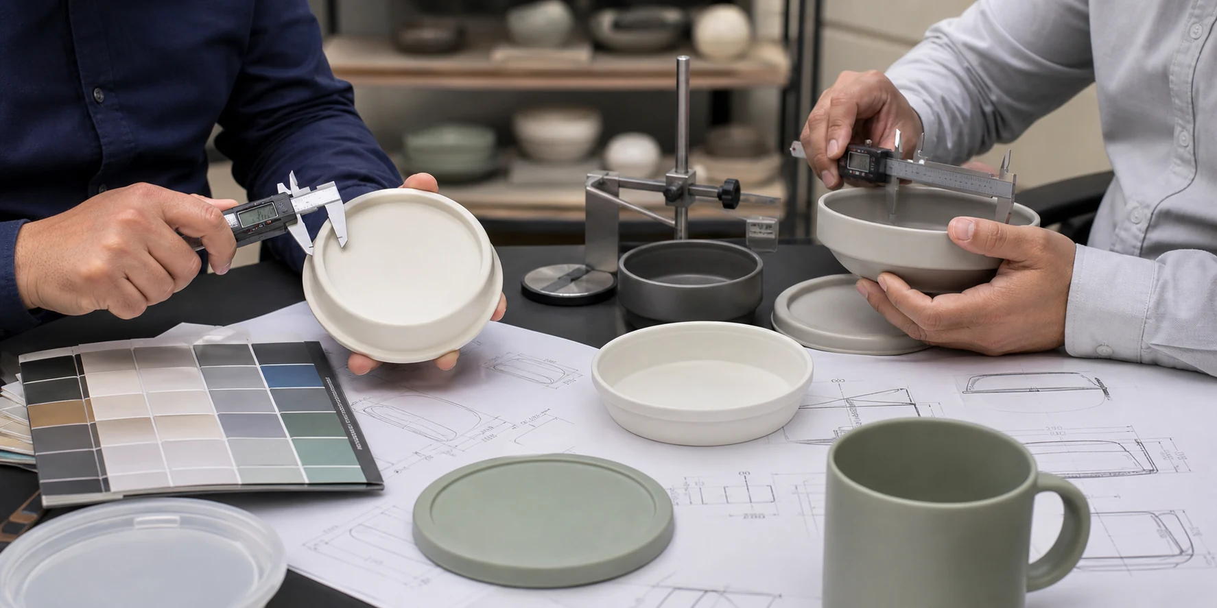 Buyer and engineer review tableware dimensions materials colors and functional requirements