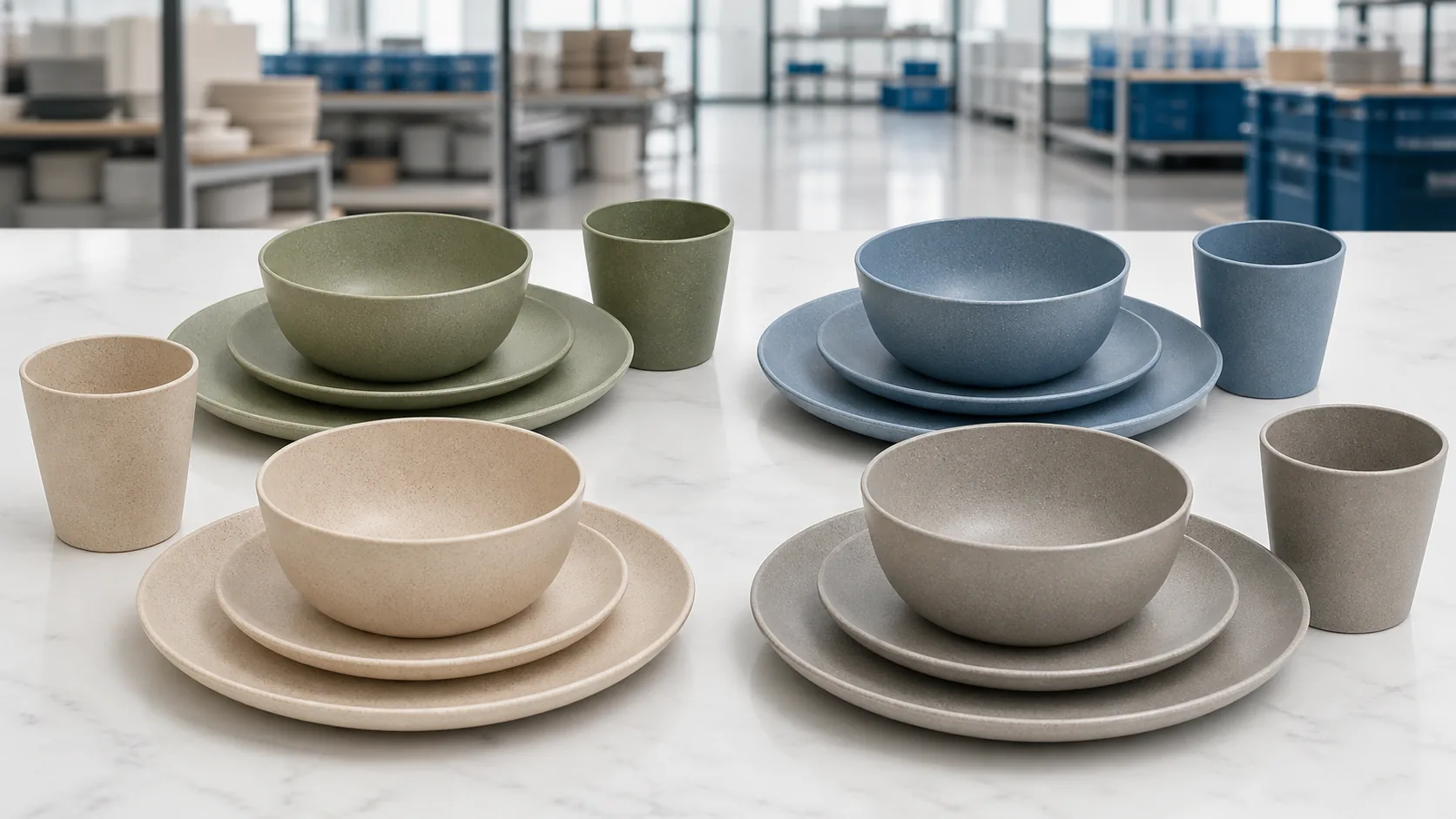 Custom wheat straw dinnerware set for four in coordinated OEM colors