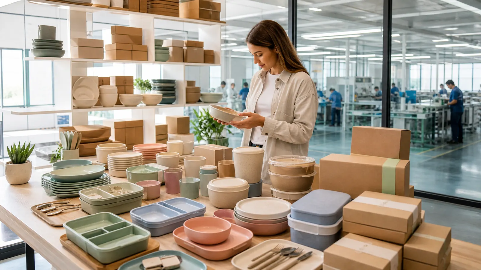 eco-friendly tableware market 2026 - Buyer reviewing wheat-straw dinnerware, reusable lunch boxes and silicone tableware in a factory showroom