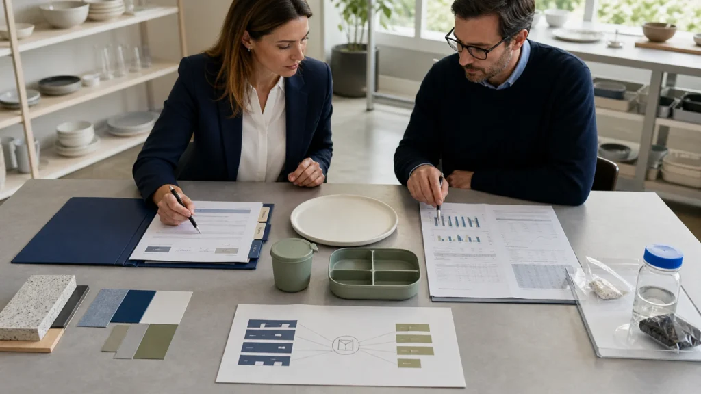 Buyer compares declaration of compliance vs test report for EU food contact tableware with product specifications and evidence files