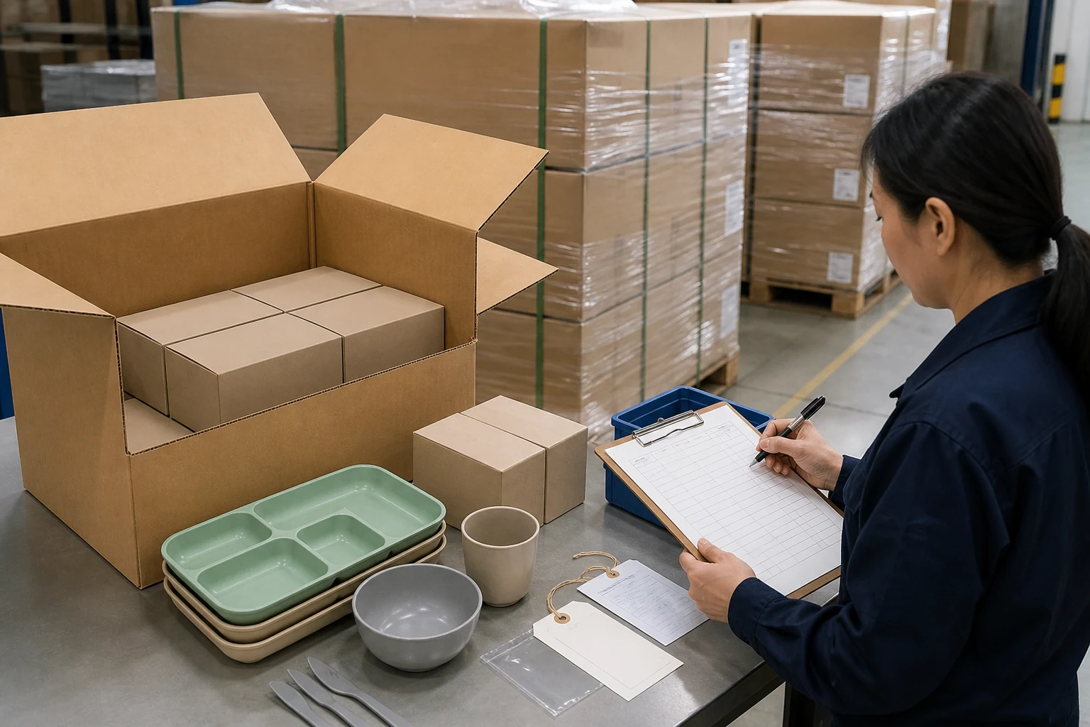 Quality inspector checks tableware carton marks packing records and shipment traceability
