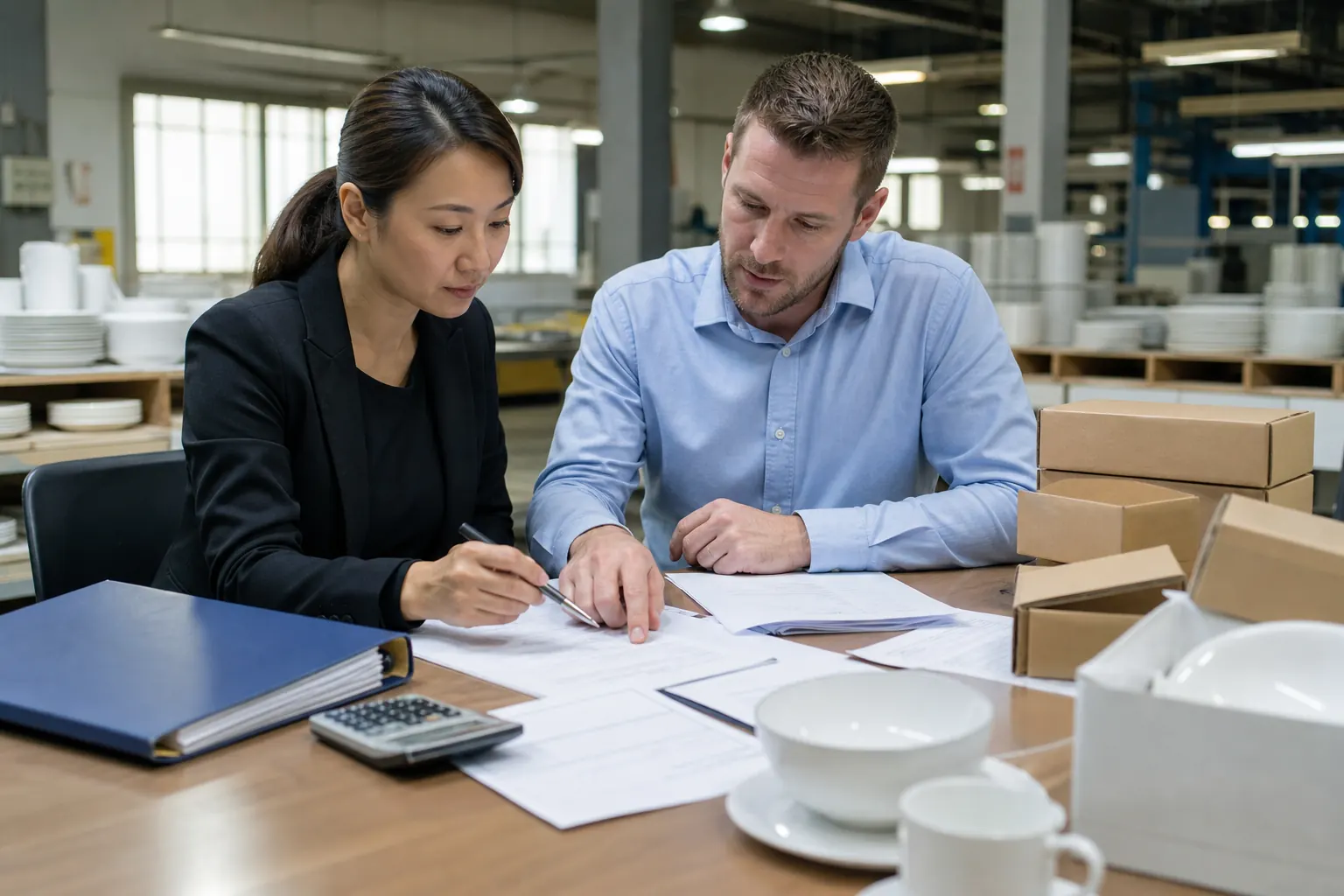 Buyer and supplier reviewing export payment documents, calculator and tableware samples at a factory desk