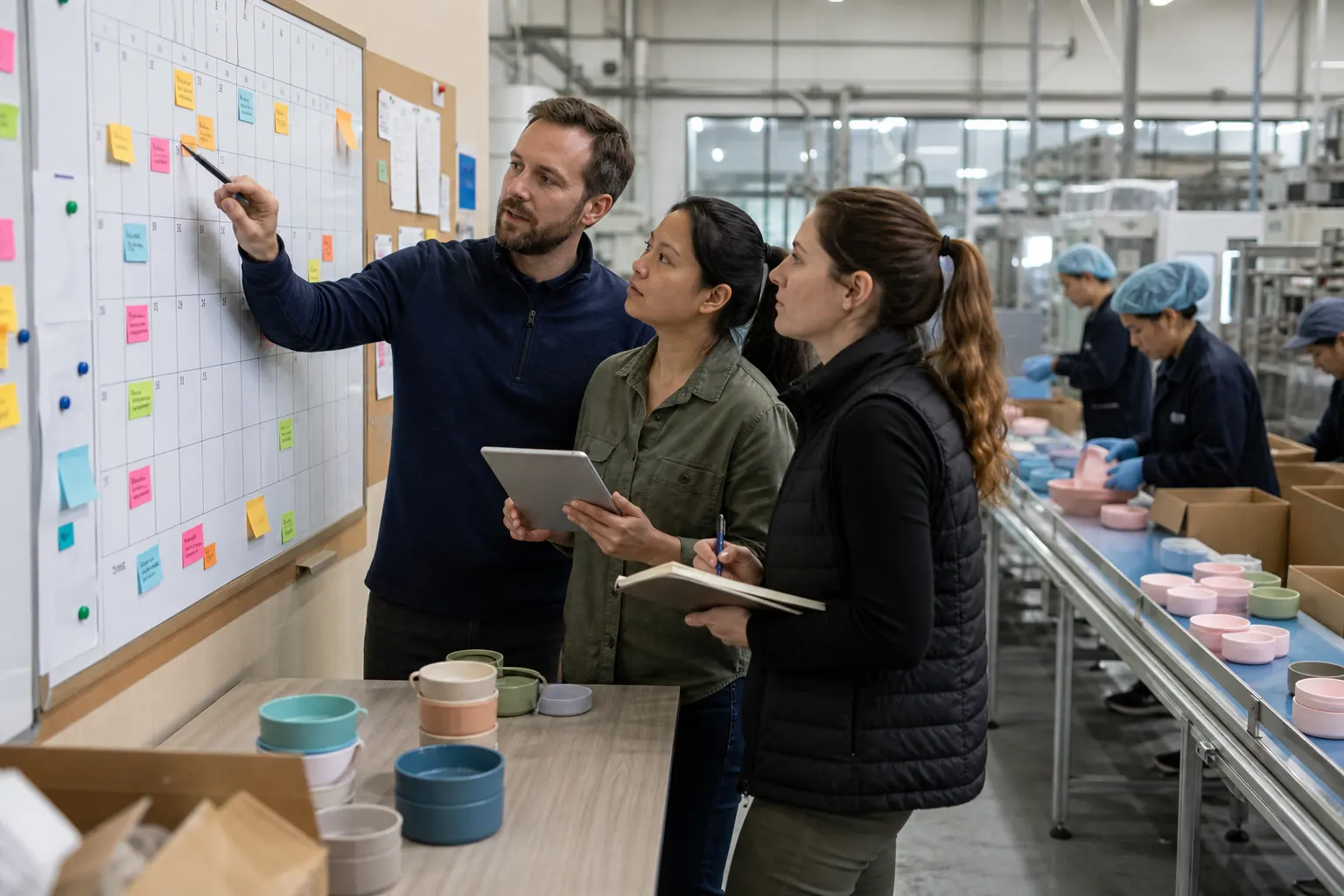 Factory team planning tableware production milestones on a calendar beside an active packing line