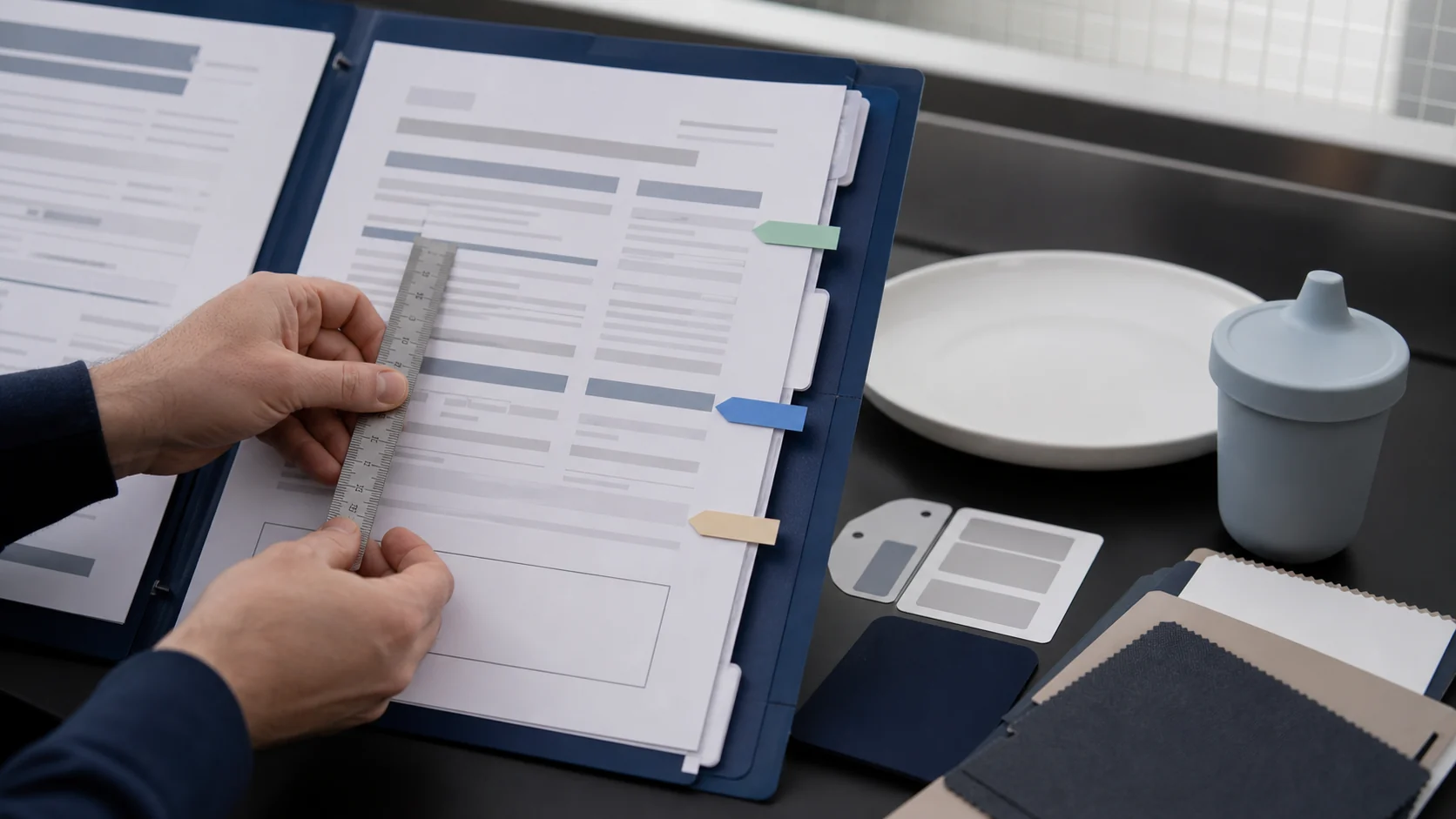 Compliance specialist checks issuer product identity intended use and regulatory references in an EU food contact declaration