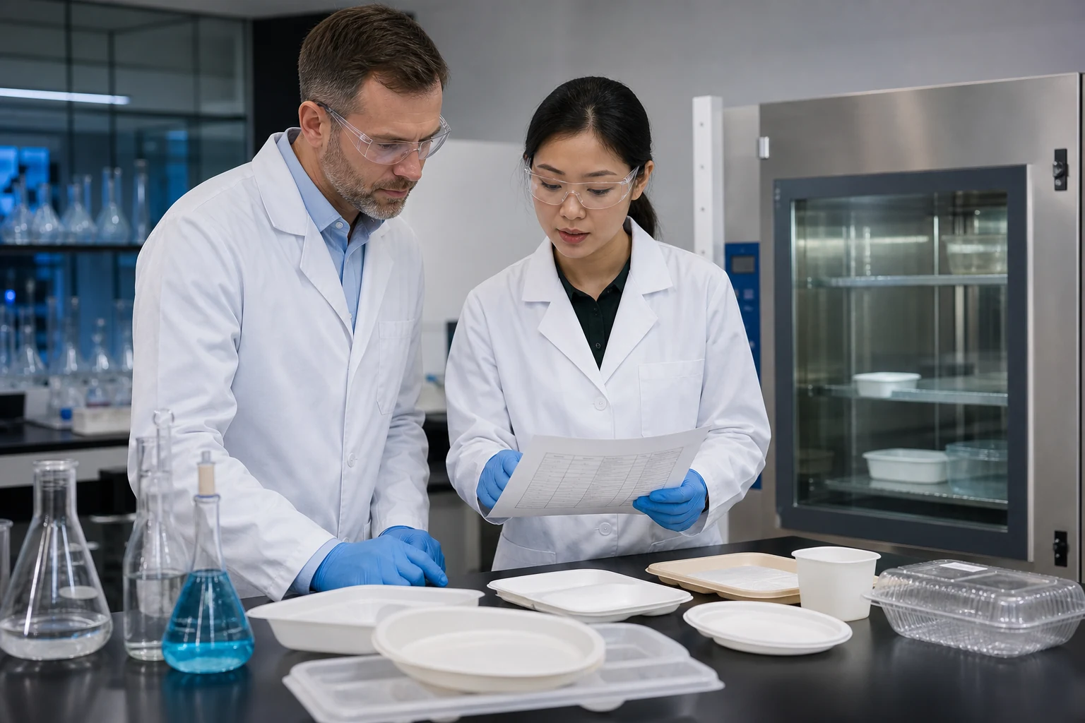 Quality engineer and laboratory specialist review food contact tableware samples intended use and migration test scope