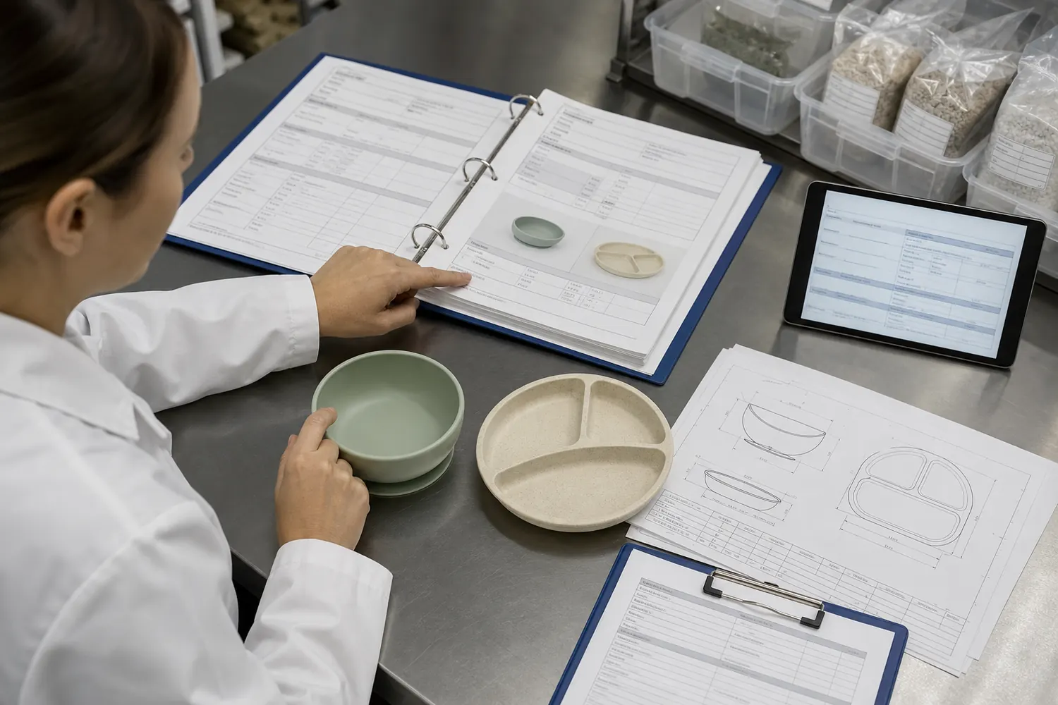Compliance specialist matching a laboratory report to retained tableware samples drawings and material records