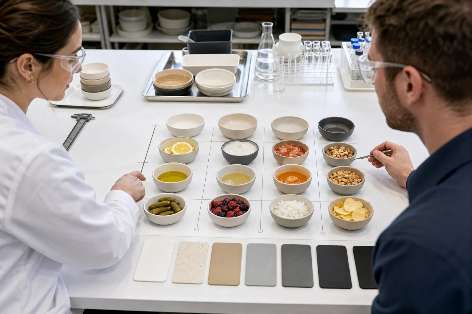 Buyer and factory engineer review acidic fatty aqueous and dry foods against tableware temperature and contact time