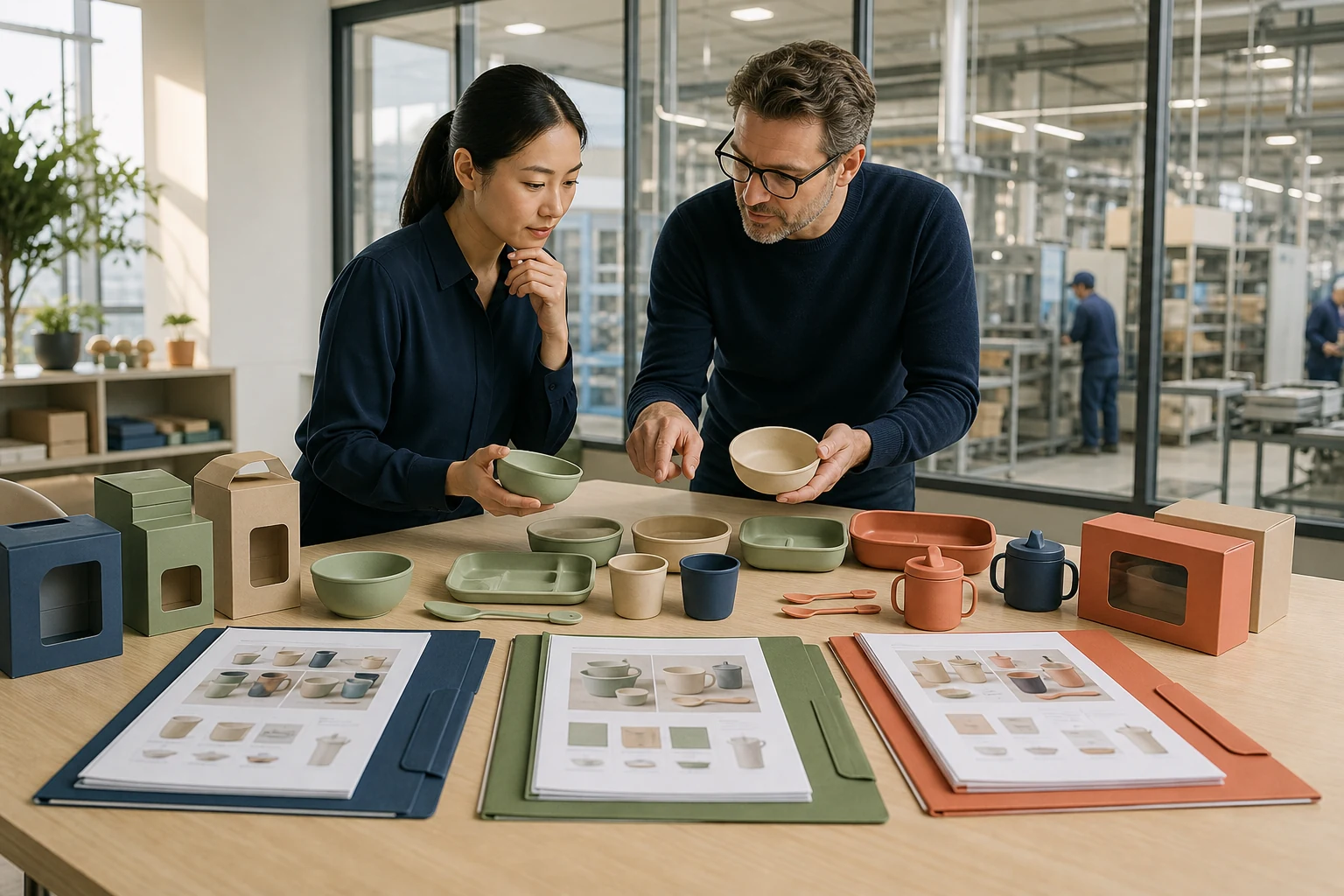 Buyer and factory team review a global tableware specification with shared product core and regional market annexes