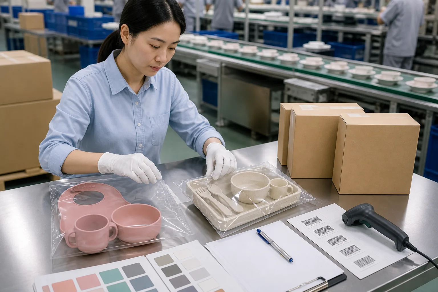 Quality manager sealing labeled custom tableware golden samples for buyer and factory production reference