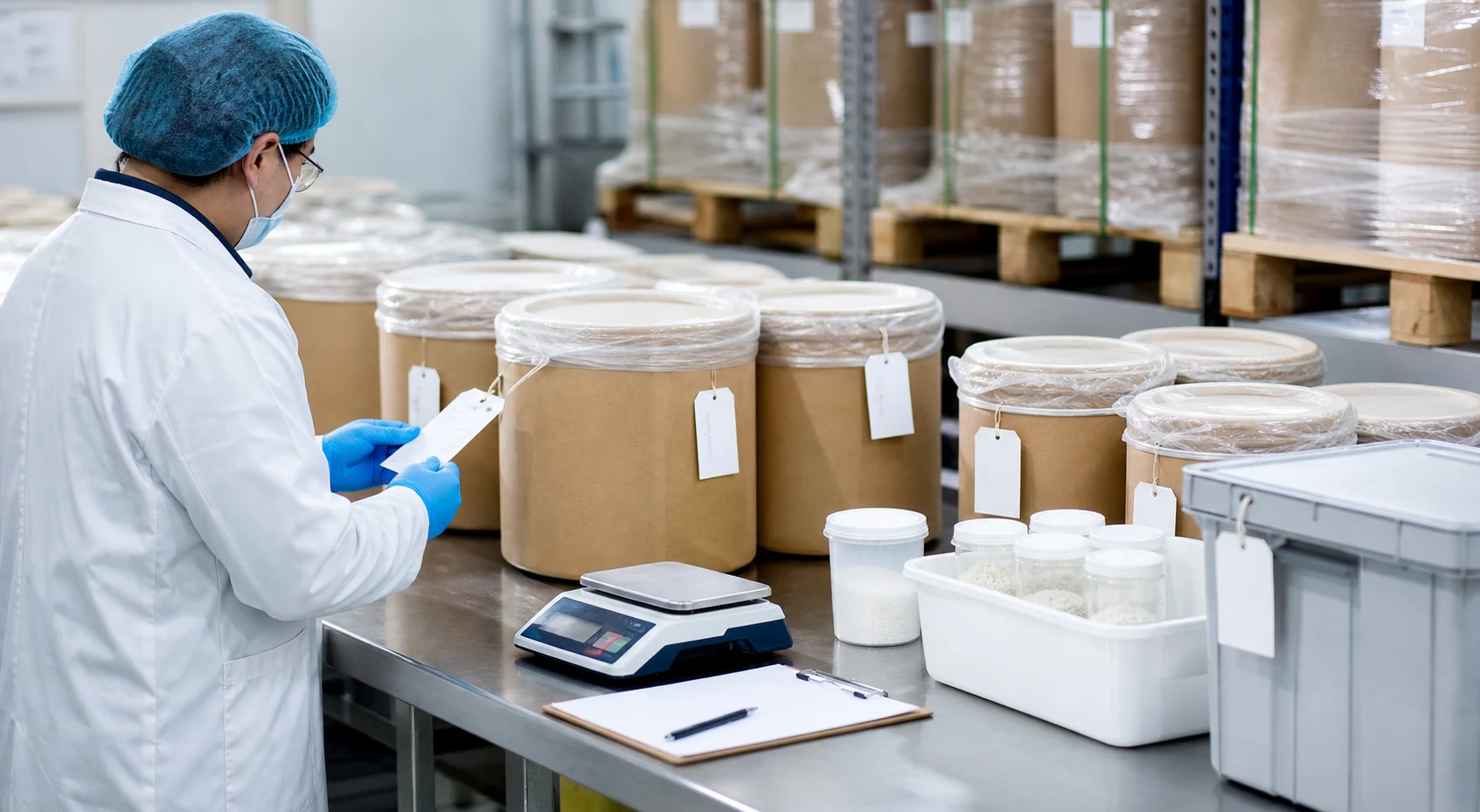Factory quality team verifies incoming material lot identity and supporting records