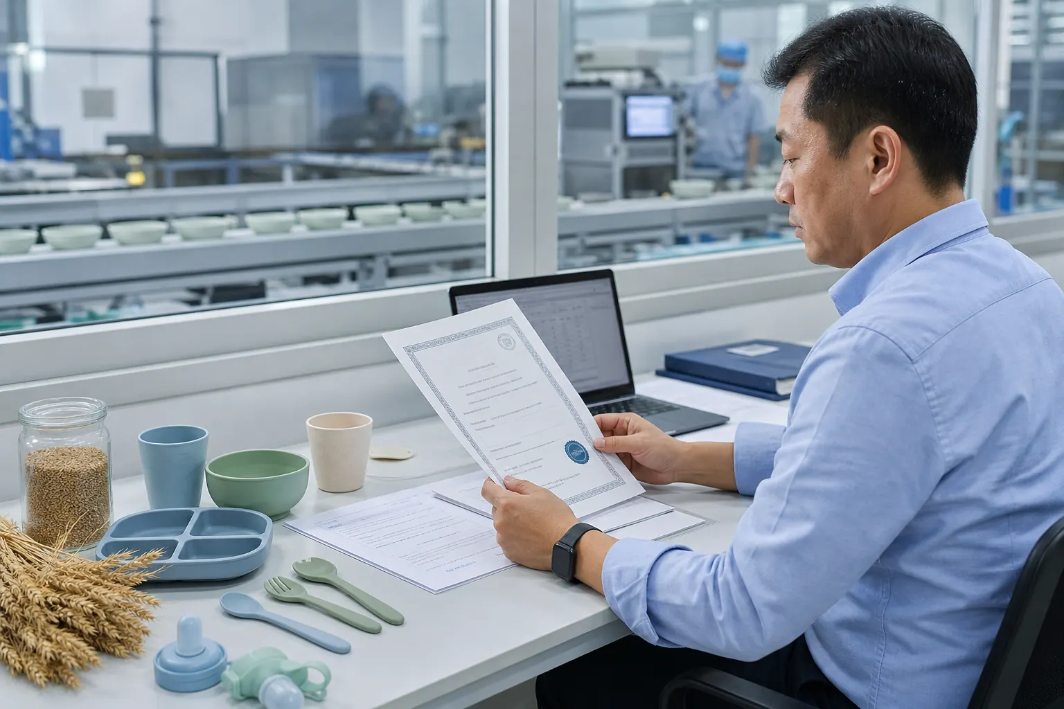 Tableware quality manager checking an ISO 9001 certificate scope and audit records beside the production line