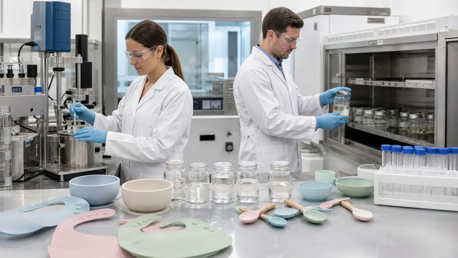 LFGB vs FDA silicone testing - Laboratory technicians testing silicone baby tableware with migration equipment and sample vessels