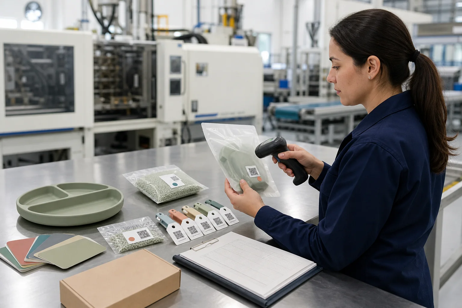 Inspector links odor test specimens to material batch production lot color and packaging records