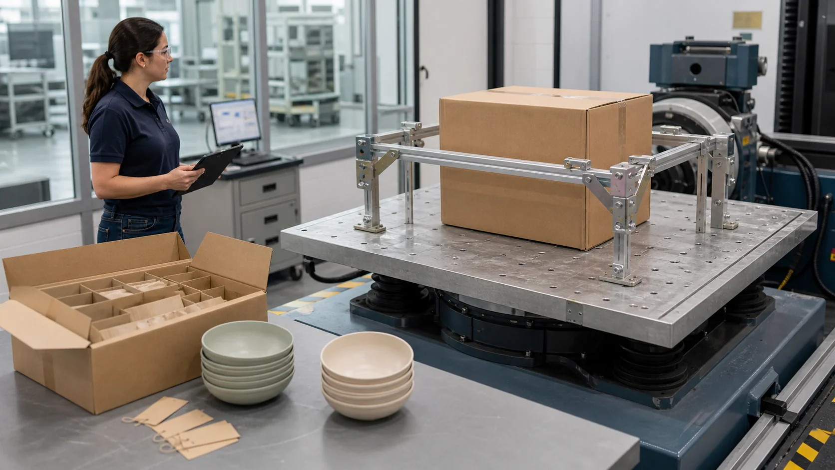 Tableware shipping carton secured on a vibration table with cushioning and product inspection samples