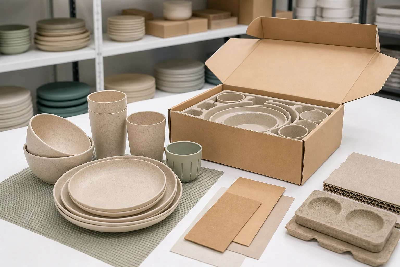 Wheat straw dinnerware set beside kraft retail packaging and protective inserts