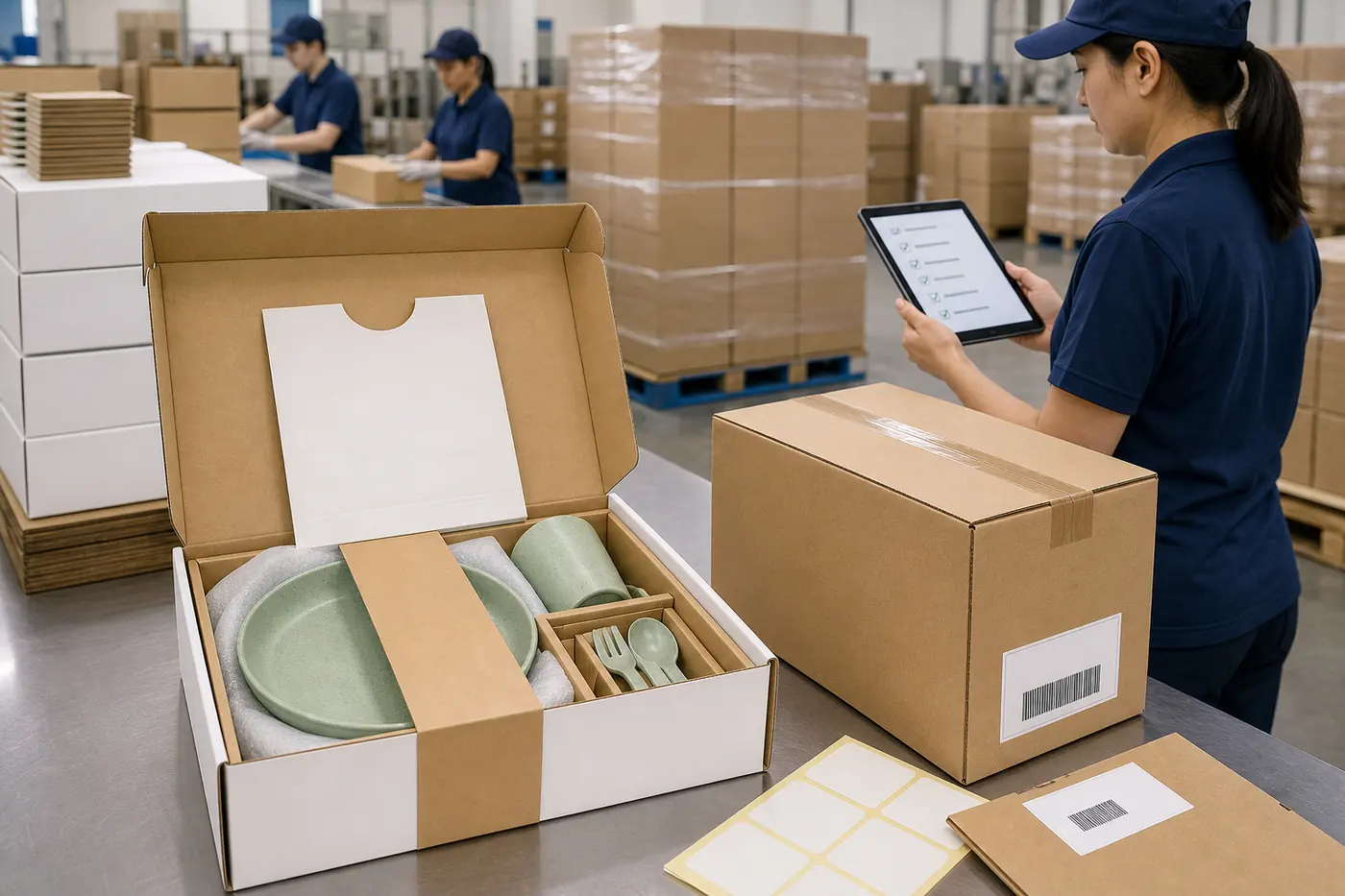 Private label wheat straw dinnerware set packed in a retail box during export packaging inspection