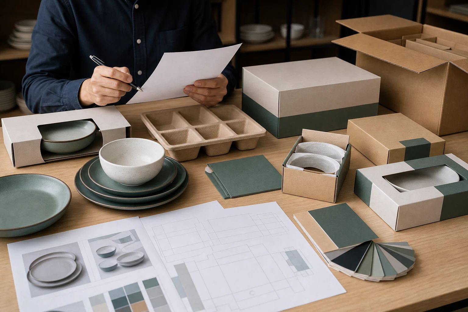 Tableware packaging dielines retail packs labels and export carton details prepared for quotation