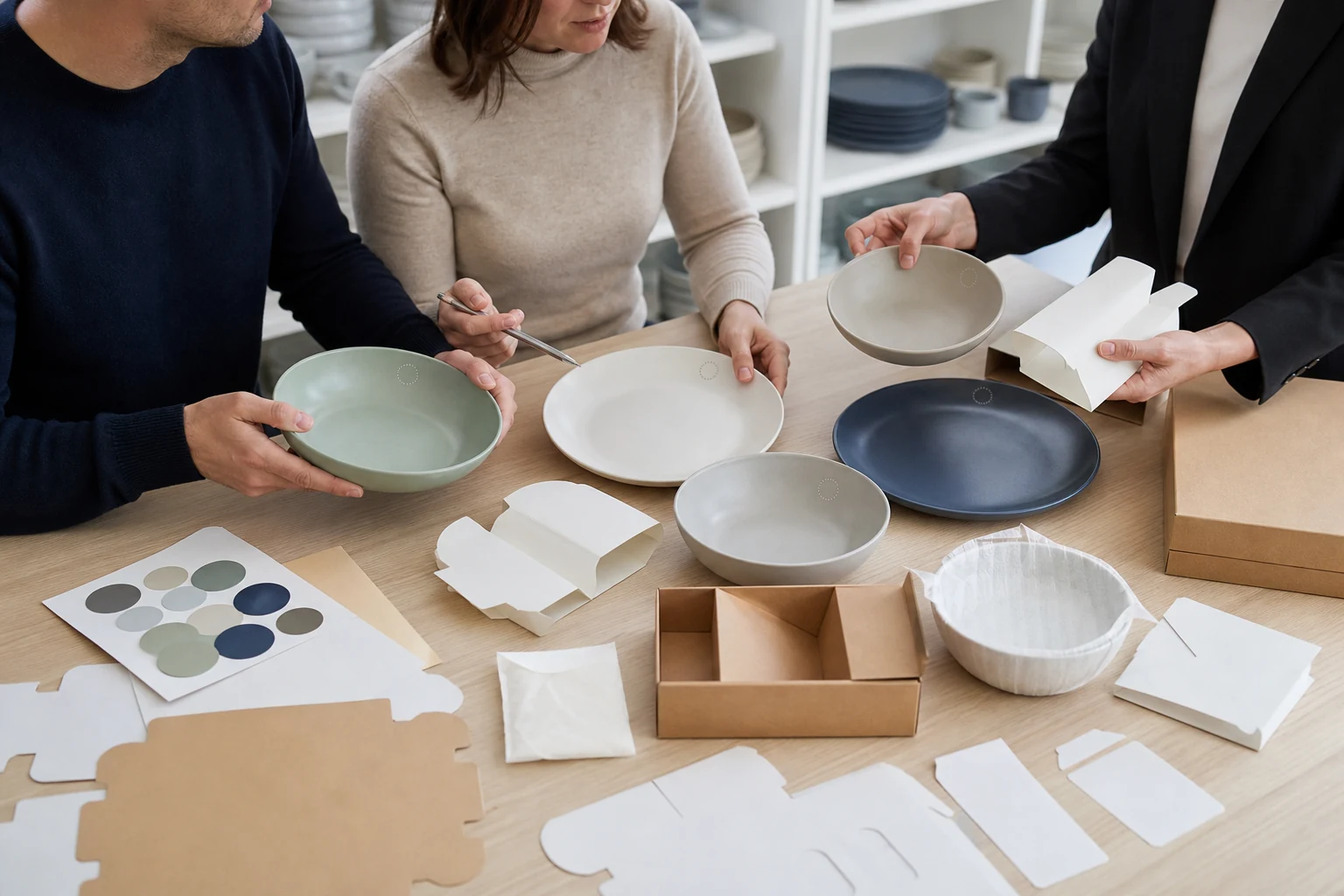 Buyer reviews colors logos sleeves and cartons for an existing tableware design