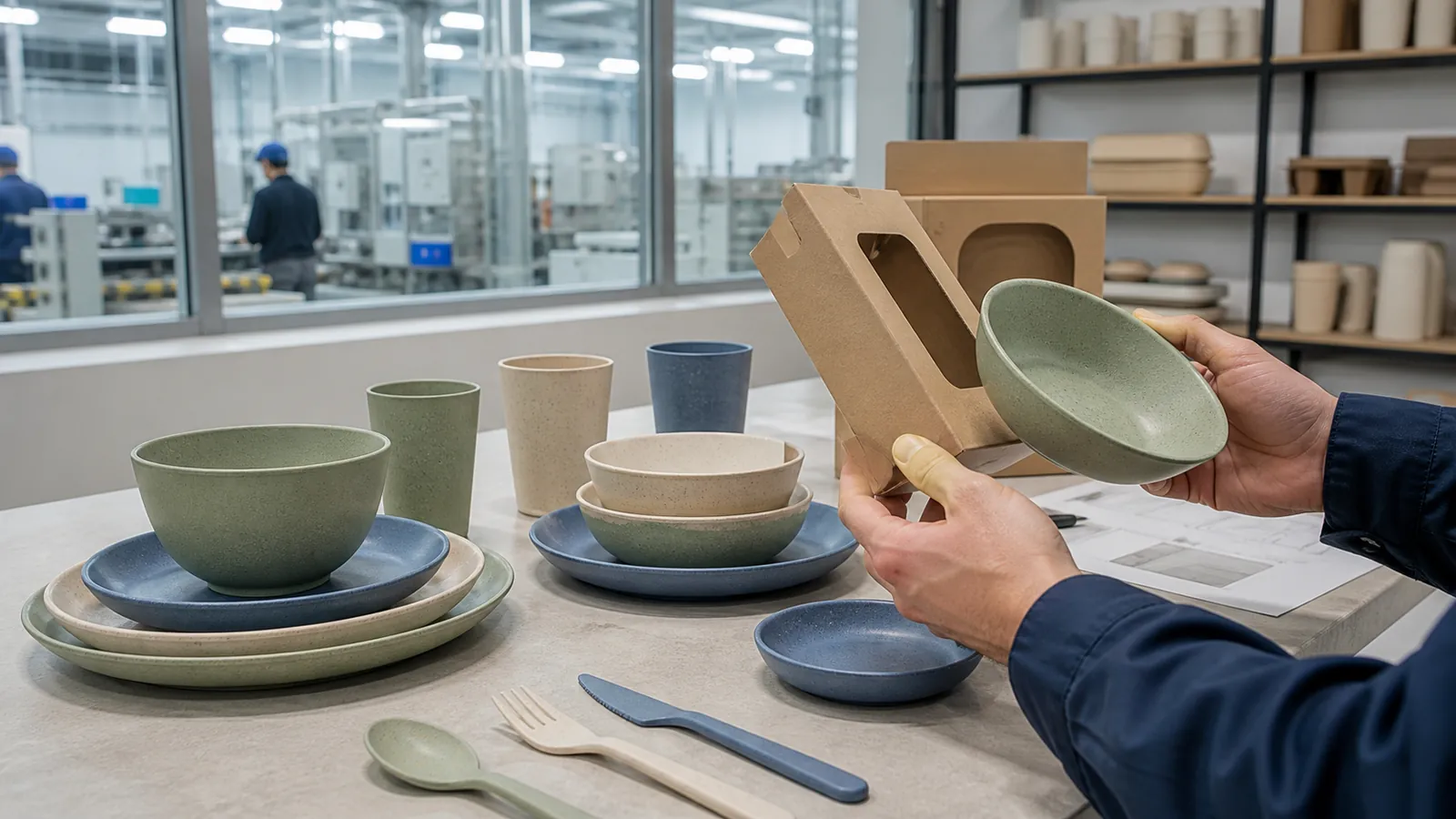 Private label wheat straw dinnerware samples reviewed with kraft packaging in a factory sample room