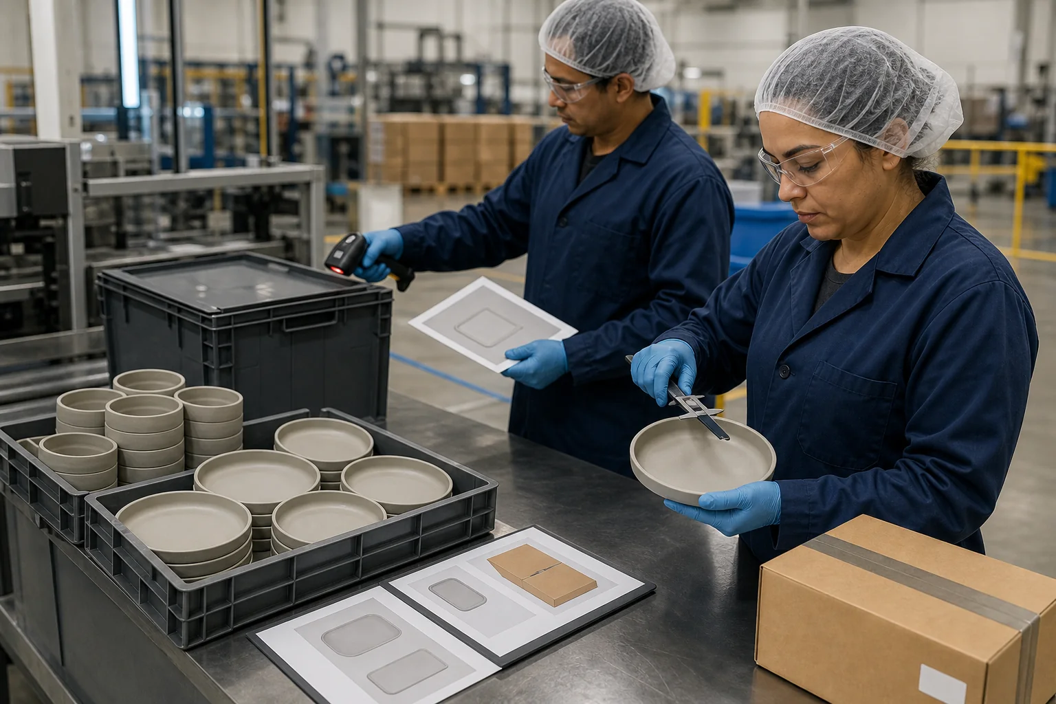 Factory quality team links material lot production batch packaging artwork and shipment documents for release