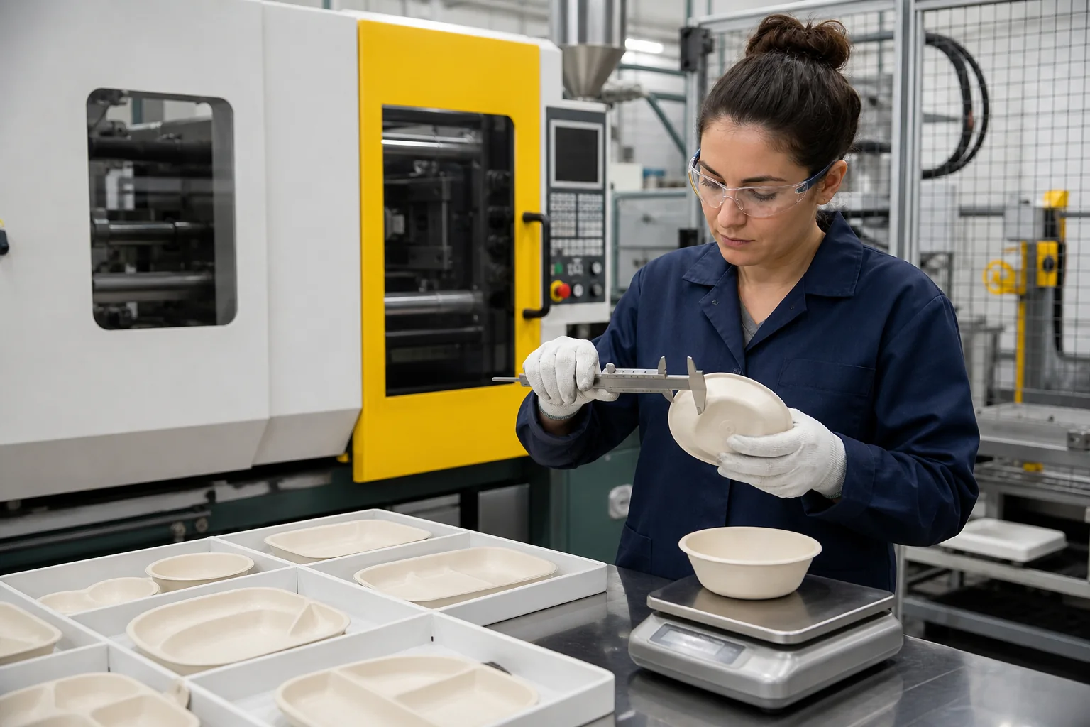 Factory quality technician checks tableware dimensions weight and molding conditions during production