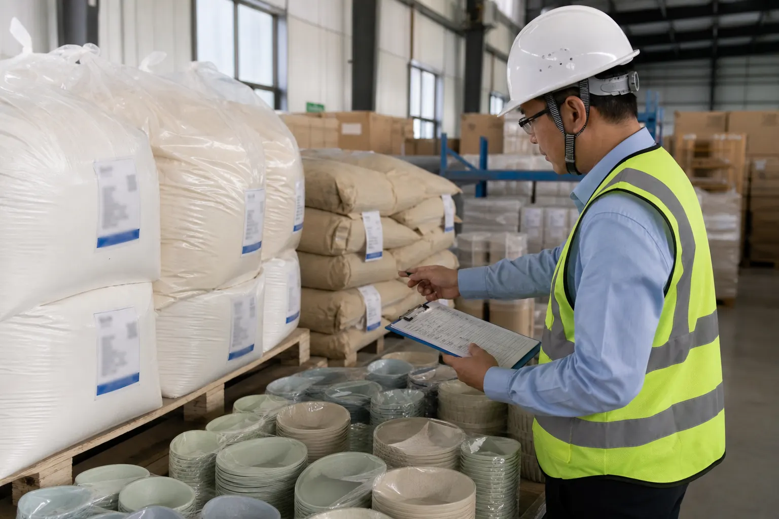 Auditor checking tableware raw material batch identity and warehouse receiving records