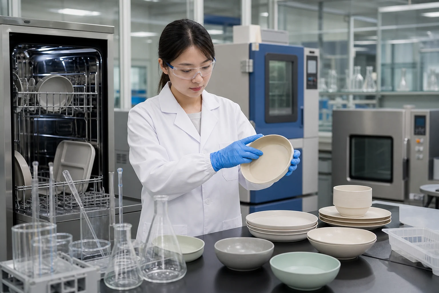 Laboratory technician prepares reusable tableware for repeated migration dishwasher and microwave use-condition testing