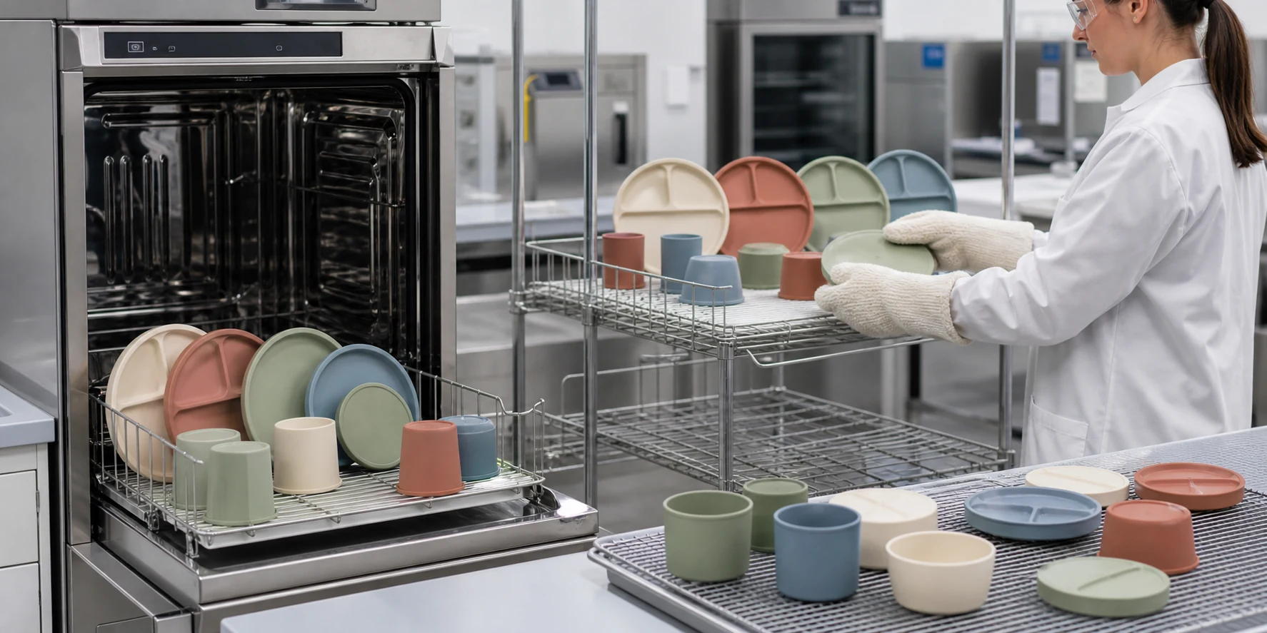 Coded silicone bowls plates cups and lids arranged after controlled washing heating cooling and drying cycles