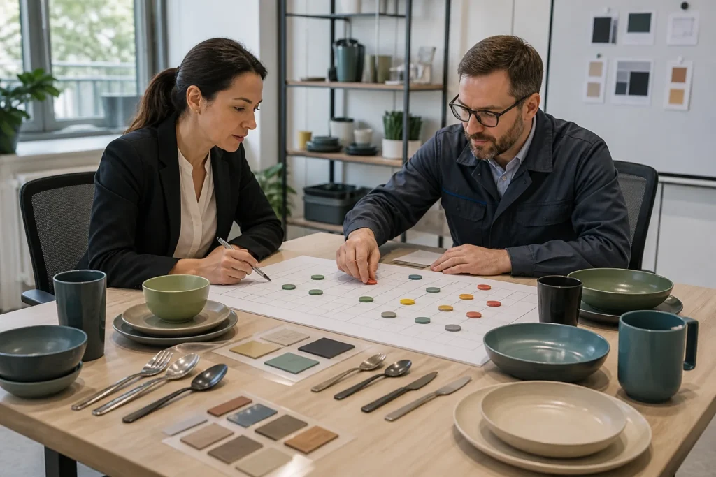 Buyer and factory engineer build a reusable tableware test matrix with product samples and a risk planning grid