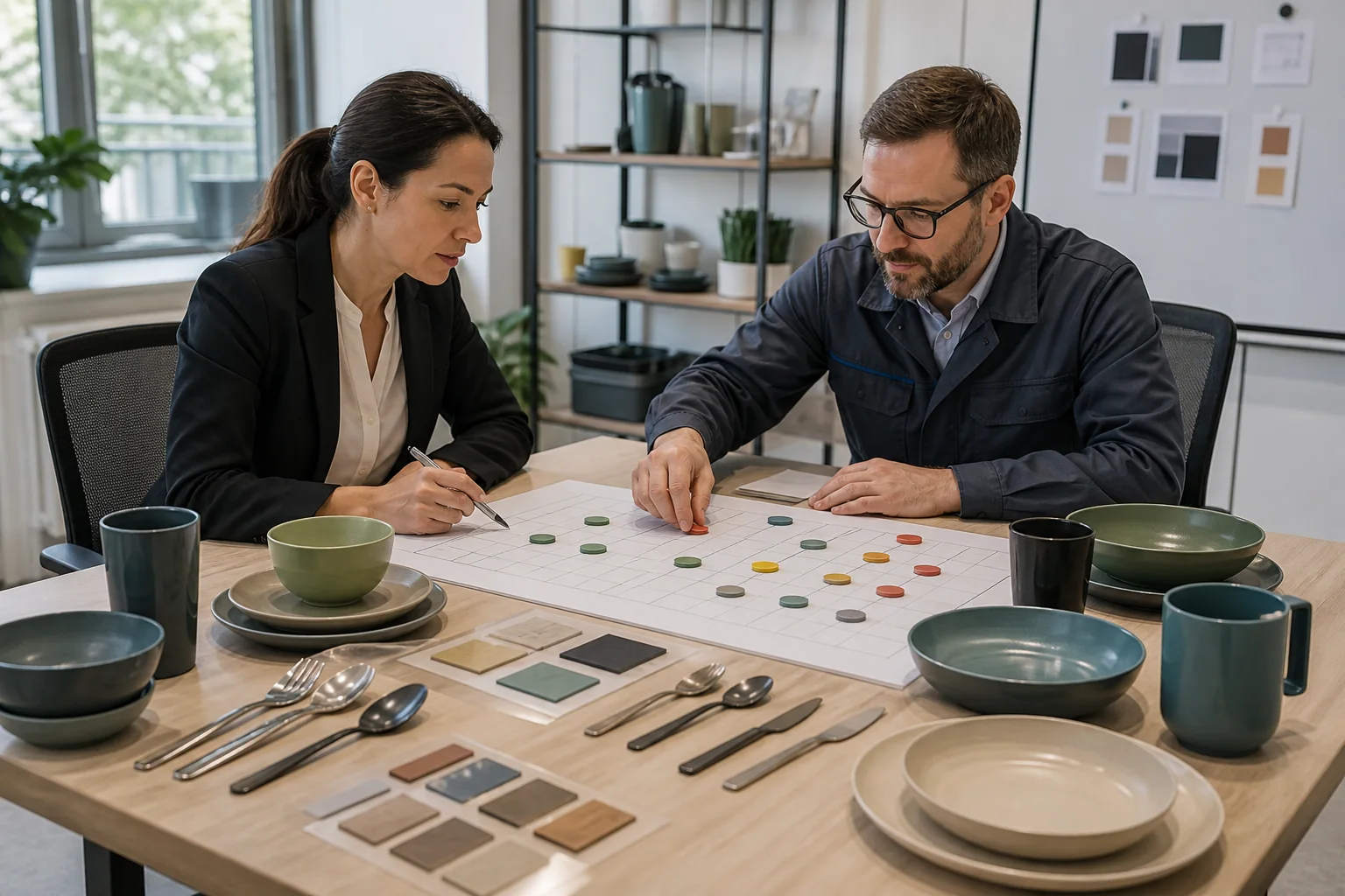 Buyer and factory engineer build a reusable tableware test matrix with product samples and a risk planning grid