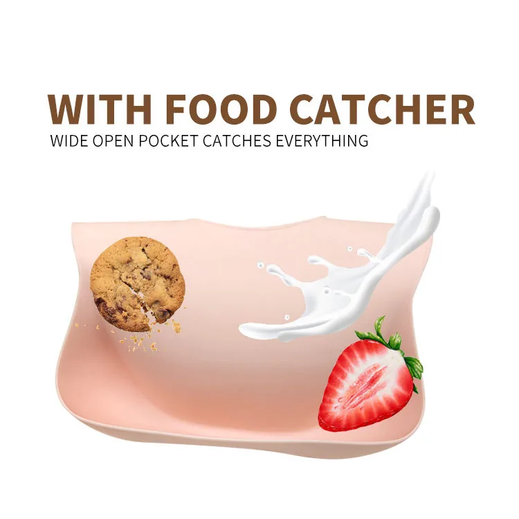 Wide food catcher pocket detail on a silicone baby bib