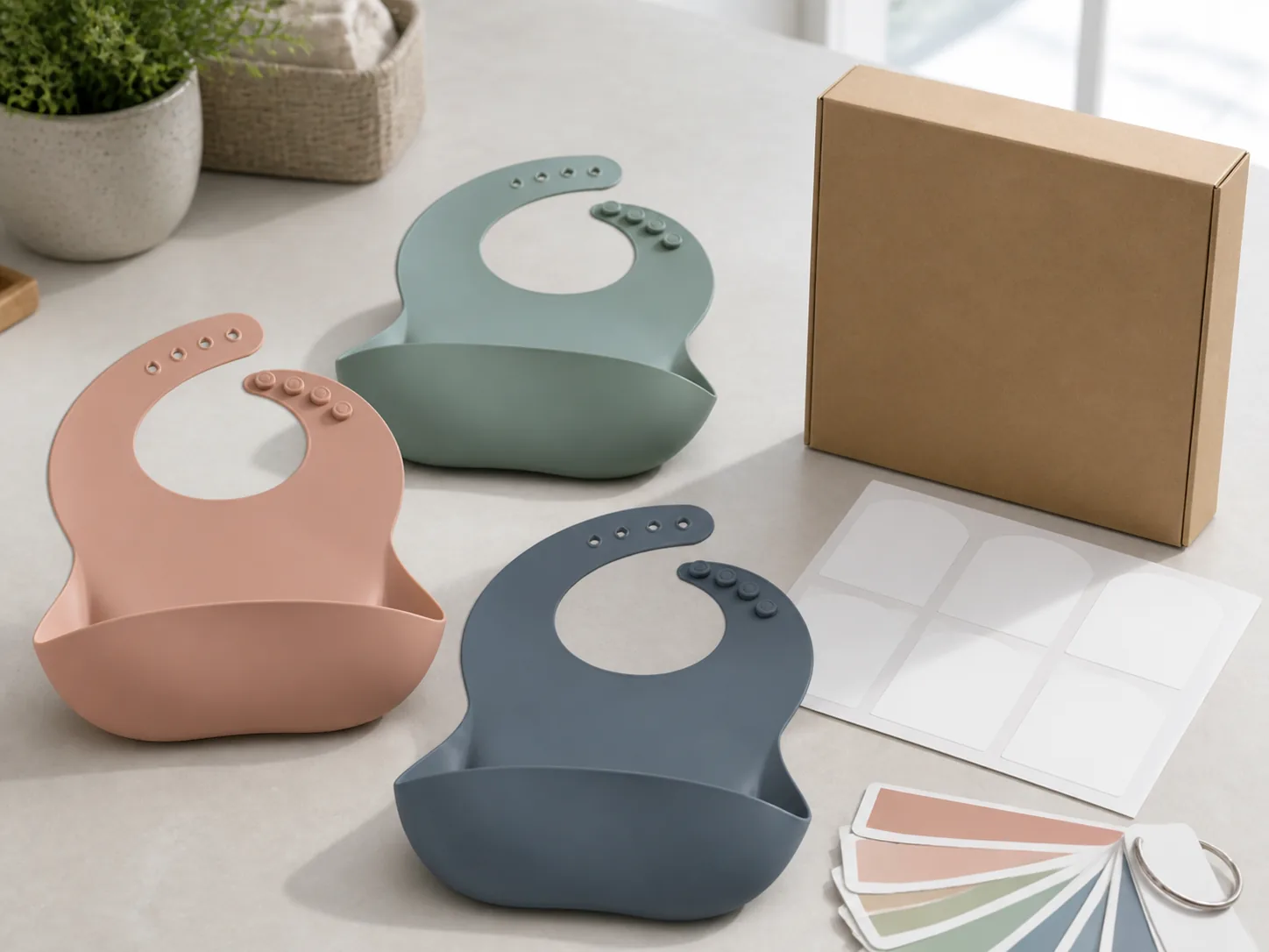 Silicone baby bibs with blank private label packaging and color swatches